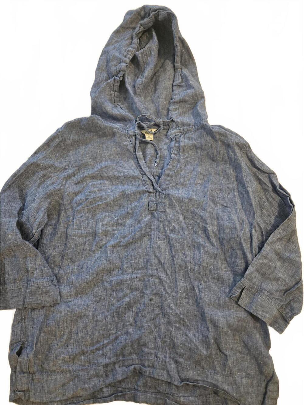 L.L. Bean 100% Linen Hooded Shirt Women’s Large Blue Pullover Lightweight